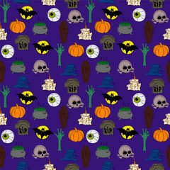 Seamless pattern with Halloween icons on violet background