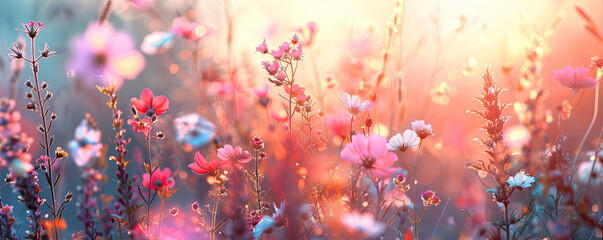 Dreamy field of wildflowers bathed in warm sunlight.