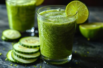 Fototapeta premium Cucumber Lime Smoothie - Light green with cucumber slices and a lime wedge. 