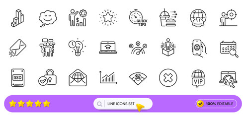 Close button, App settings and Ssd line icons for web app. Pack of Graph, Employees wealth, Website education pictogram icons. Voting campaign, Correct answer, Food delivery signs. Search bar. Vector