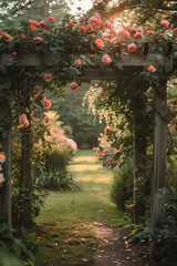 Obraz premium Lush well-maintained summer garden with an arbor covered in climbing roses in evening light.