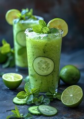 Fototapeta premium Cucumber Lime Smoothie - Light green with cucumber slices and a lime wedge. 