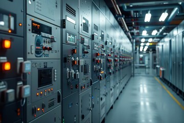 A long, brightly lit hallway with electrical panels on either side.