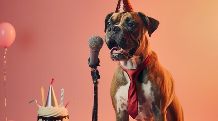 Canine Celebration: Adorable Dog Sits Before Colorful Birthday Cake