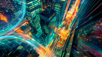 Futuristic city with bright lines of urban traffic with long exposure,City Lights: vibrant panorama of city lights transformed into abstract patterns, with a kaleidoscope of colors and a bustling urba