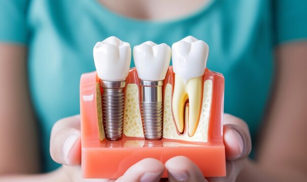dentist holding model of dental implants and teeth