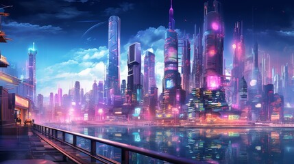 Fototapeta premium Futuristic cyberpunk cityscape at night featuring neon lights and holographic advertisements. Wide-angle lens and cool color palette evoke a sense of mystery and intrigue.