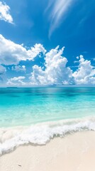 Obraz premium Beautiful beach with white sand, turquoise water and blue sky on a bright sunny day. panoramic. Summer vacation nature background. Copy space, summer vacation concept, 4k HD wallpaper, background, gen