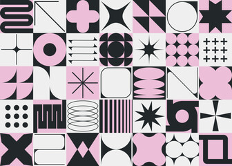 Set of neomodern geometric shapes. Brutalism, futuristic, memphis pattern ackground. Collection of black brutalism, geometric abstract shapes. Modern design for cards, invitation, branding, banner

