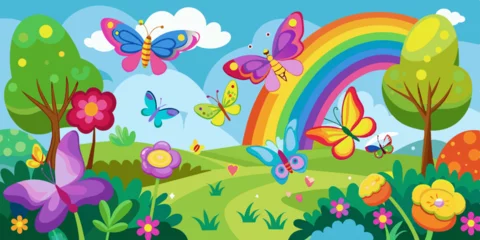 Wandcirkels Regenboog A bright and cheerful scene with butterflies, flowers, a rainbow, and a sunny sky, creating a joyful and playful atmosphere.  © Serjio