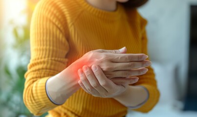 woman holding painful wrist with red focal point