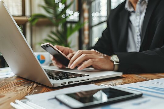 Person typing laptop using cell phone
