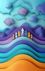 Fototapeta premium Colorful paper art depicting a family holding hands on layered waves and mountains with clouds, representing unity and togetherness.