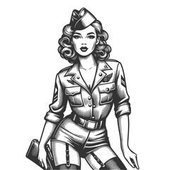 Obraz premium female soldier in a vintage military uniform, showcasing strength and elegance sketch engraving generative ai fictional character raster illustration. Scratch board imitation. Black and white image.