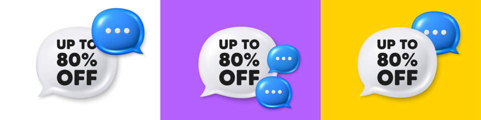 Chat speech bubble 3d icons. Up to 80 percent off sale. Discount offer price sign. Special offer symbol. Save 80 percentages. Discount tag chat text box. Speech bubble banner. Vector