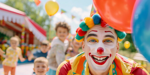 Cheerful funny clown animating kids at outdoor birthday party.