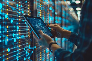 Person using tablet computer in server room