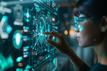Woman wearing glasses looking at futuristic screen interface