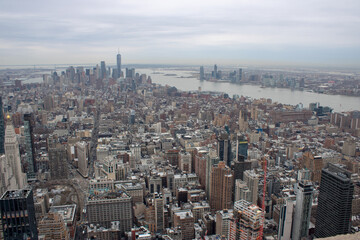 Aerial view of Manhattan in New York City showing the classic high rise buildings and city scape in the USA