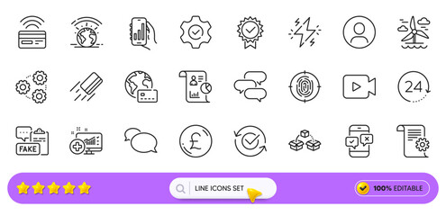 Talk bubble, Pound money and Approved line icons for web app. Pack of Medical analytics, Fingerprint, Report pictogram icons. Windmill, Contactless payment, Fake document signs. Search bar. Vector