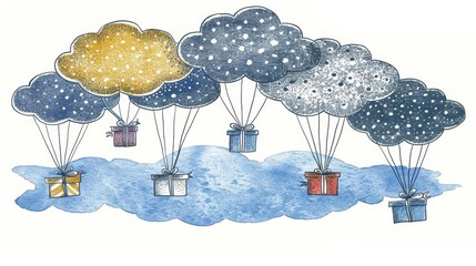 Flat minimalistic style illustration of a blue sky with multiple small, white parachutes carrying fluffy clouds and colorful gift boxes, soft pastel background