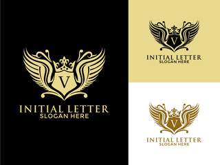 Luxury royal wing Letter V Logo vector, Luxury wing crown emblem alphabets logo design template