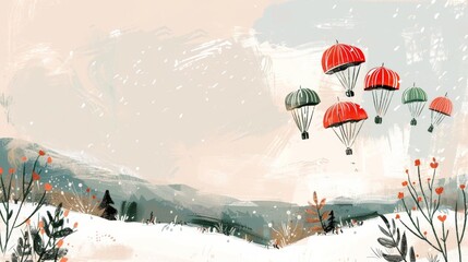 Gentle ascent of gift boxes in festive reds and greens, each attached to a white parachute, floating across a soft, snowy white background