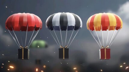 Illustration of colorful parachutes carrying elegant gift boxes, styled in flat minimalism against a soft gradient sky from dawn to dusk colors