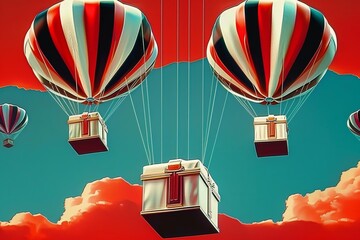 Illustration of delicate, white parachutes carrying small, heartshaped gift boxes flying across a soft, blushcolored sky in a minimalistic 3D style