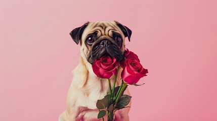 Pug Pup Embracing Elegance: A Pup With Pink Roses