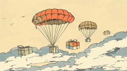 Minimalistic flat design of small parachutes carrying bright, patterned gift boxes through a soft, peachcolored sky with fluffy white clouds
