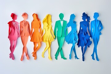Obraz premium Colorful paper cutout human silhouettes in a row, showcasing diversity and vibrant fashion in a rainbow of colors on a white background. pride month concept.