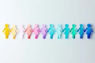 Colorful paper doll chain representing unity and diversity. Cutout figures holding hands in a row on a light background.