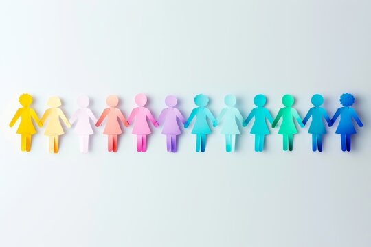 Colorful paper doll chain representing unity and diversity. Cutout figures holding hands in a row on a light background.