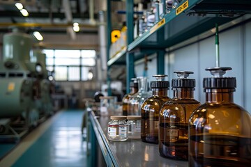 A chemistry lab with shelves of amber reagent bottles, glassware, and other equipment.