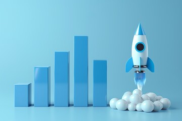 A 3D bar chart representing business growth is depicted on the left side, while a small blue rocket flying upward is shown on the right side