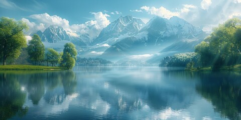 romantic summer landscape with lake and mountains