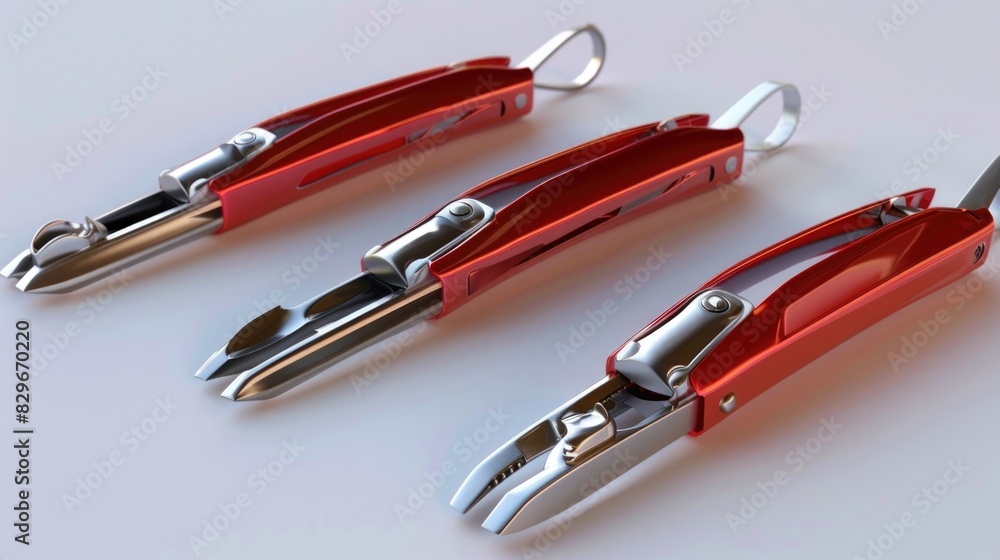 Poster three red pliers placed on a table, suitable for diy or construction projects