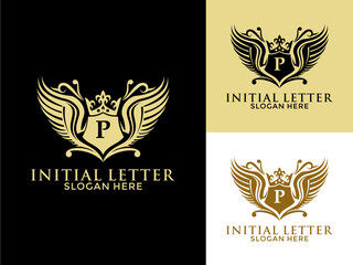 Luxury royal wing Letter P Logo vector, Luxury wing crown emblem alphabets logo design template