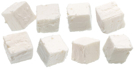 Set of feta cheese cubes isolated on white. File contains clipping path.