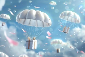 Simple, clean illustration of white parachutes and pastel gift boxes flying across a soft mint green sky, perfect for serene wallpaper