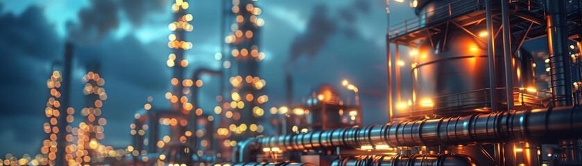 An industrial facility with a large distillation tower and pipes.