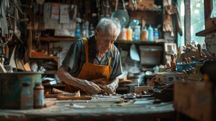 A man crafting wood in a workshop. Suitable for woodworking projects