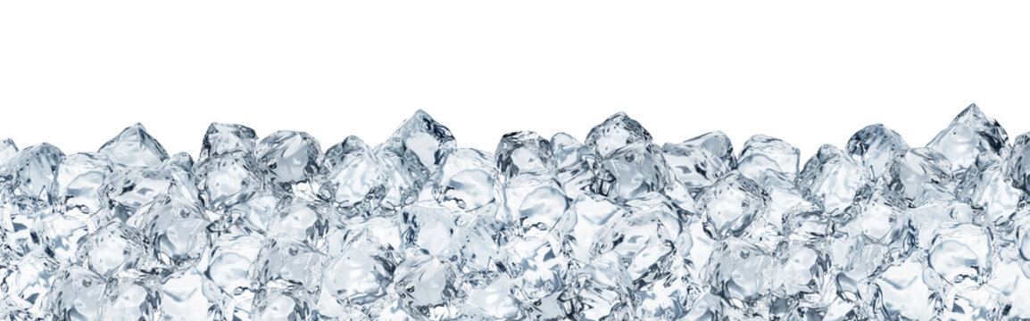 Ice cubes arranged as border frame isolated on white background. PNG file.