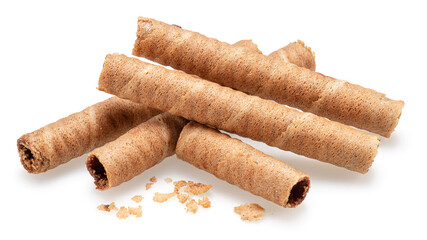 Chocolate waffle rolls isolated on white background.
