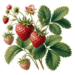 strawberry and leaves on white background