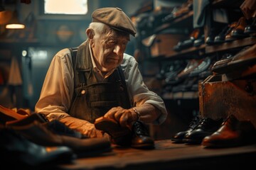 A man working on a shoe in a shoe shop. Suitable for advertising or business concepts - Powered by Adobe