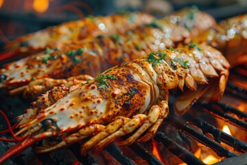A close up image of a grilled lobster on a grill. Suitable for food and cooking concepts