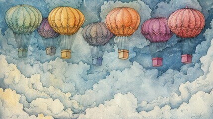 Softhued background showcasing a series of flying gift boxes in vivid colors, suspended by white parachutes among fluffy, light gray clouds