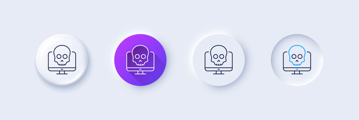 Cyber attack line icon. Neumorphic, Purple gradient, 3d pin buttons. Ransomware threat sign. Computer phishing virus symbol. Line icons. Neumorphic buttons with outline signs. Vector